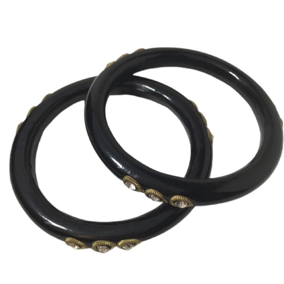 🍍Vintage 70’s Black & Gold Bangles With Crystals Very Art Deco - Picture 4 of 6